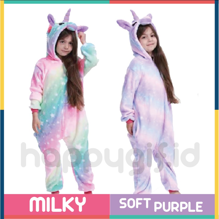 KOSTUM PIYAMA ONESIE BAJU TIDUR ANAK UNICORN KID MILKY + SOFT PURPLE