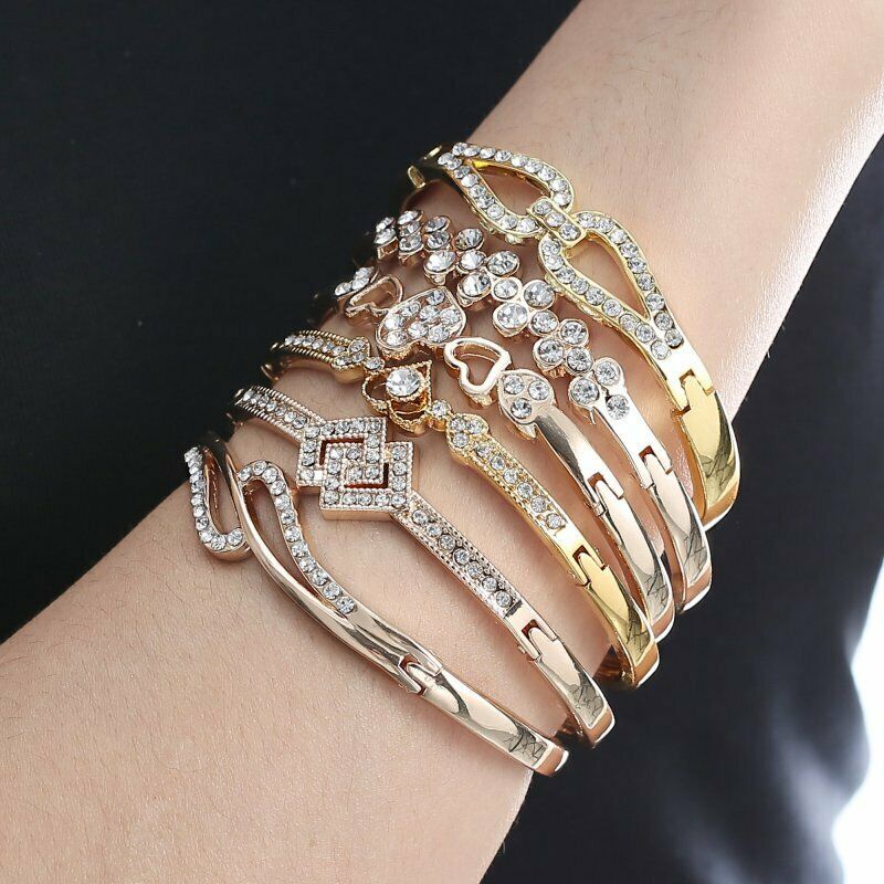 Gelang Bangle Cuff Kristal Berlian Imitasi Warna Emassilver Untuk Wanita