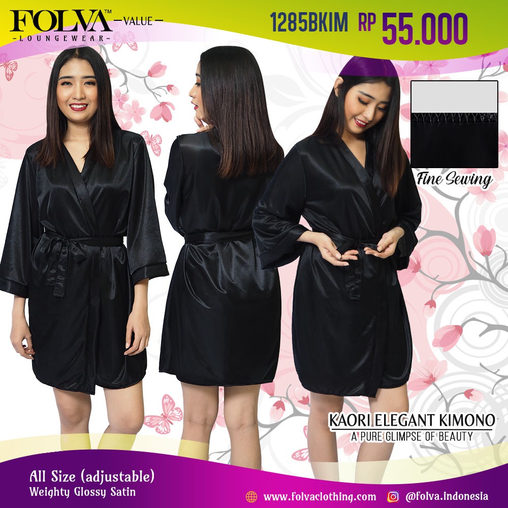  FOLVA  kimono  baju tidur satin 1285BKIM hitam all size 