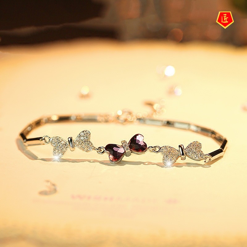 [Ready Stock]925 Silver Sweet Elegant Heart-Shaped Amethyst Bracelet