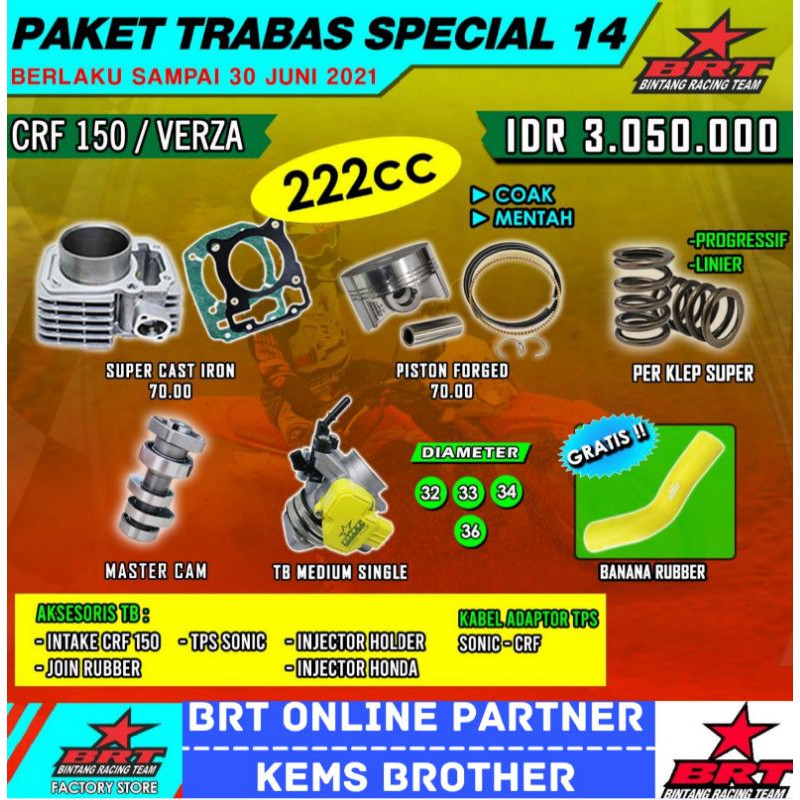 PAKET BORE UP CRF BRT PISTON 66 DAN 68 TRABAS SPECIAL 5 200CC DAN 210 CC ORIGINAL BRT ( ECU JUKEN 5+ BLOK PISTON NOKEN AS PER KLEP TB DAN VELOCITY  PER KOPLING DAN BUSI DAN GANJELAN PER KLEP )