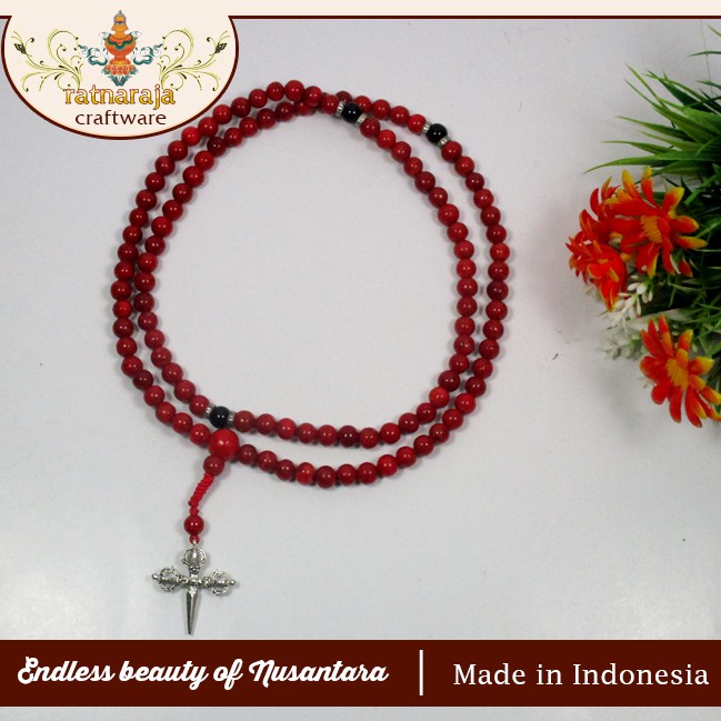 Tasbih/Mala Red Coral 6 mm With Black Onix