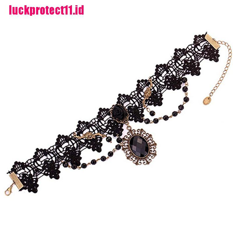 (LUCK) Kalung Choker Lace Motif Bunga Mawar Hitam Ala Lolita / Gothic Untuk Wanita