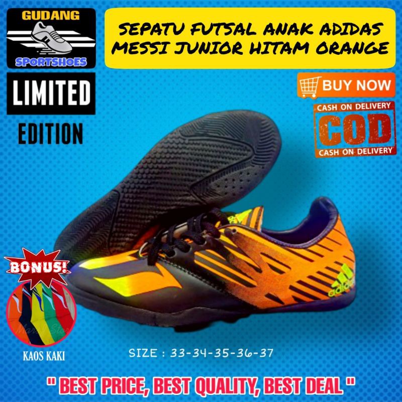 SEPATU FUTSAL SPATU OLAHRAGA BOLA ANAK ADIDAS MESSI JUNIOR HITAM ORANGE MURAH TERBARU BISA COD