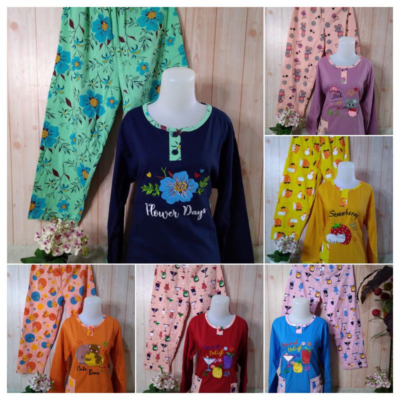 BP010 PP Daililan Ukuran Jumbo Baju Tidur Wanita Dewasa Lengan Panjang Celana Panjang Piyama Wanita 