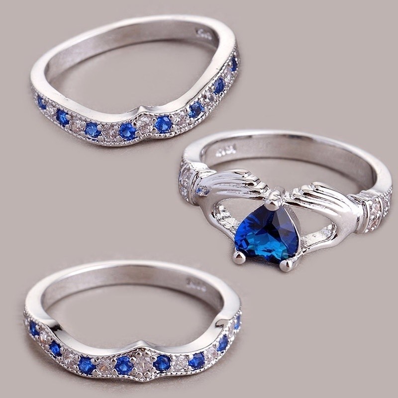 SeuSuk 3pcs Claddagh Heart Cut Sapphire&amp;Silver Crystal Ring Wedding For Gifts