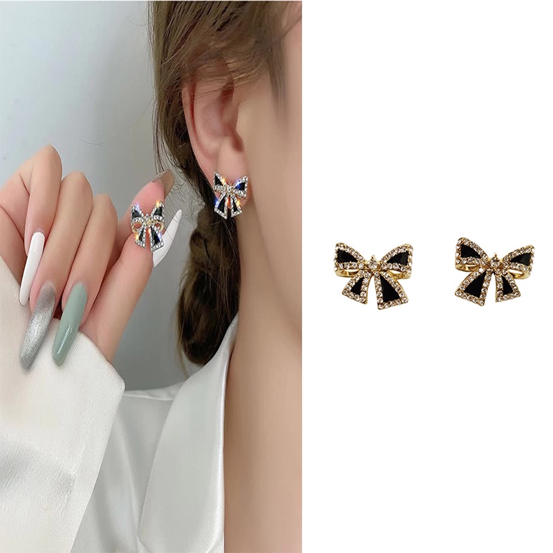 1 Pasang Anting Tusuk Sterling Silver 925 Desain Pita Hias Berlian Hitam Gaya Korea Untuk Wanita