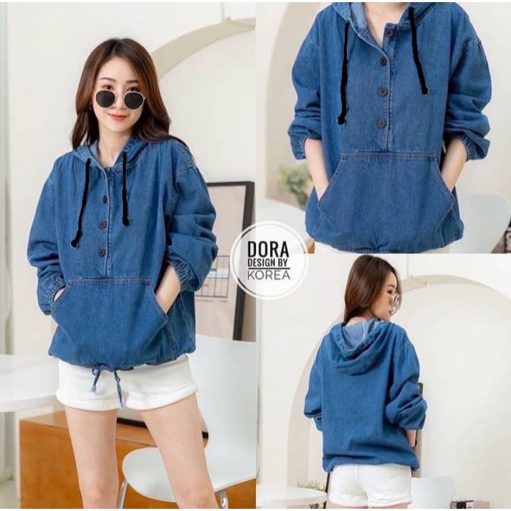 Dora Hoodie Jeans Kancing Kantong Depan Oversize  OOTD Kekinian Remaja Dewasa 2022