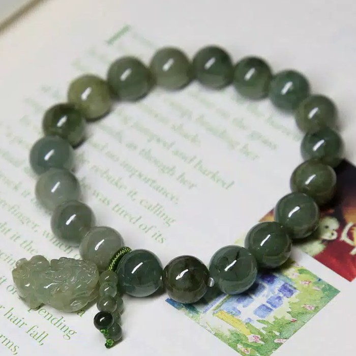 Gelang giok asli butir hijau pekat pixiu