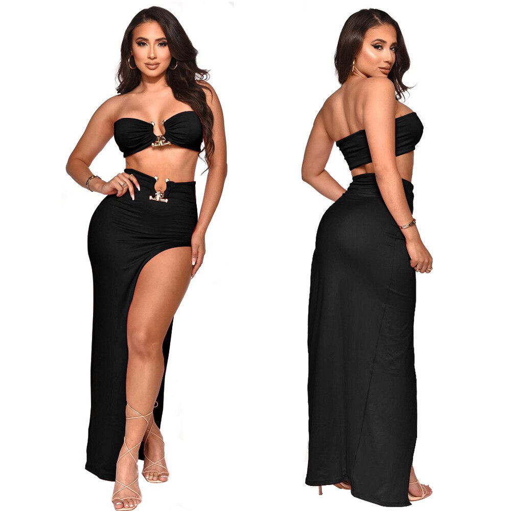 Sexy Strapless Crop Tube Top High Waist Slit Maxi Dress 2 Pcs Suits Baju Pantai Clubbing Bali wearsa
