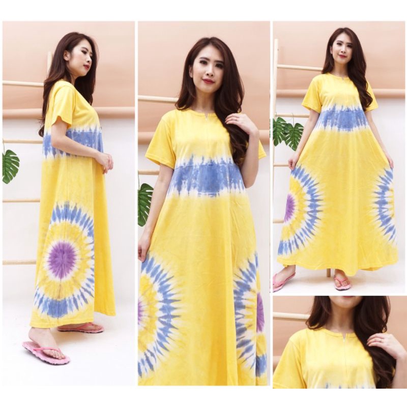 Daster Panjang Semata Kaki DALILA   bahan kaos 30s Resleting Depan Busui Bumil Lengan Pendek-DALILA KUNING