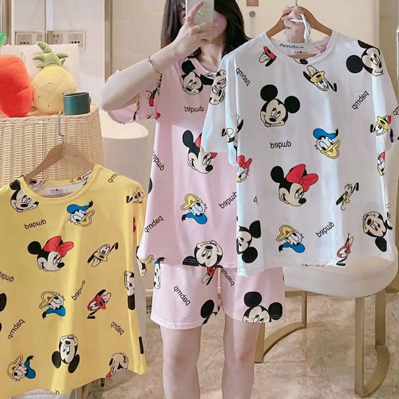 Set piyama import setelan baju tidur impor ala Korea bahan kaos halus lembut stretch HP hotpant FREE