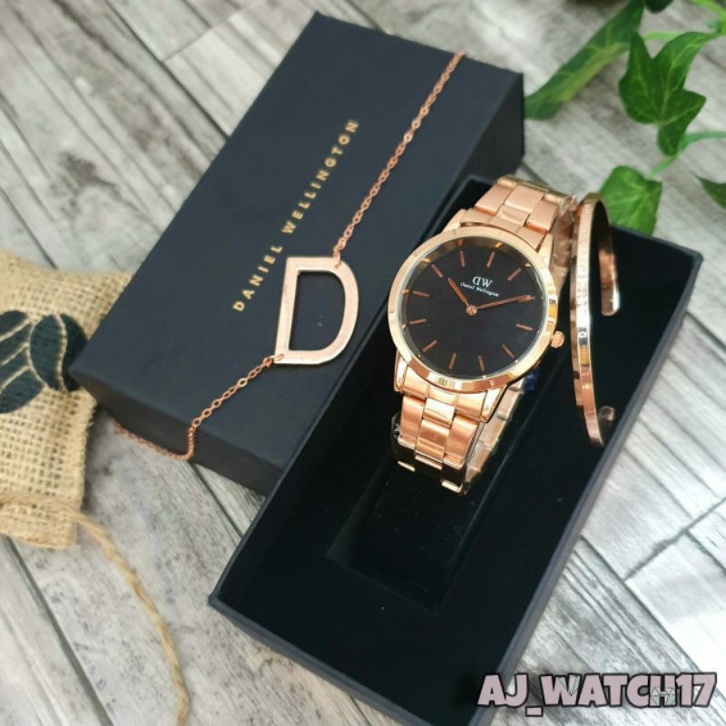 JAM TANGAN WANITA DW RANTAI STAINLESS STEEL FREE GELANG + BOX + KALUNG DW