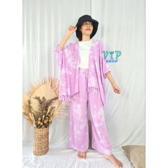 ONE SET OUTER CARDIGAN DAN KULOT BALI TIEDYE SMOKE