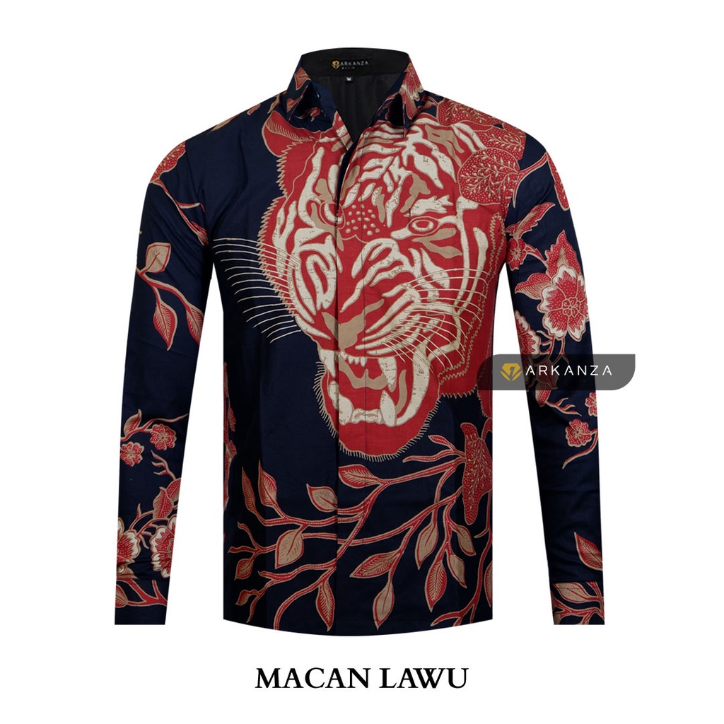 BATIK ARKANZA Motif MACAN LAWU Hem Atasan Kemeja Baju Batik Pria Cowok Laki Laki Slimfit Full Lapis Furing Lengan Panjang Lengan Pendek Original Asli