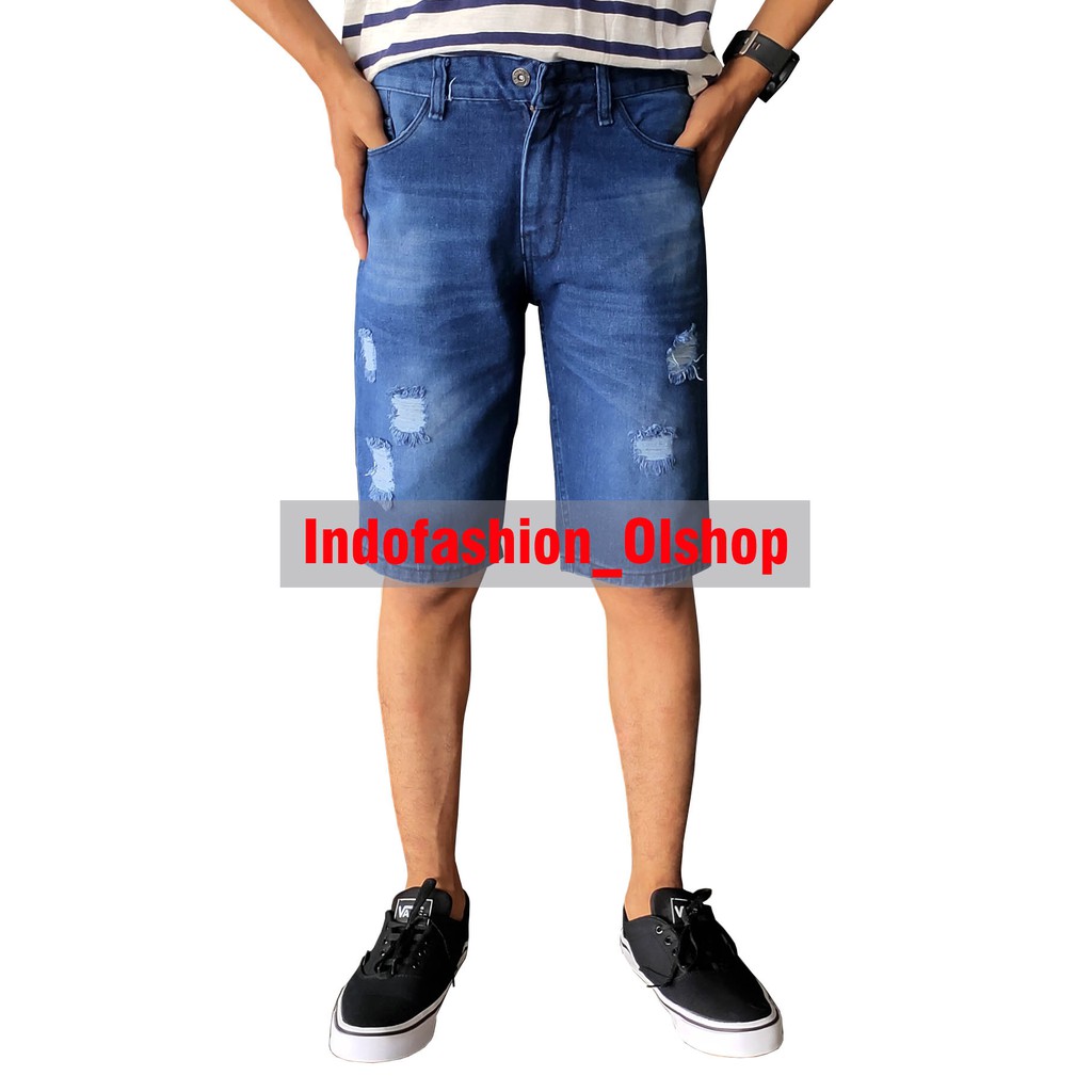 Celana Pendek Jeans Pria Sobek Ripped Biru Dongker Ukuran Celana Pendek Jeans Pria Sobek Ripped Biru Dongker Ukuran