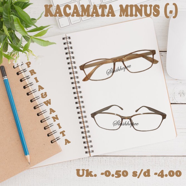 Kacamata Minus eyeglasses Wanita Pria -0.50 s/d -4.00 Kotak Warna Coklat Muda Rabun Jauh NOCASE