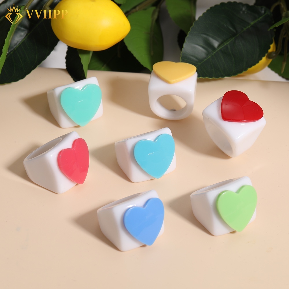 Korean Fashion Macaron Heart-shaped White Finger Ring Personalized Resin Ring Women Accessories Gift