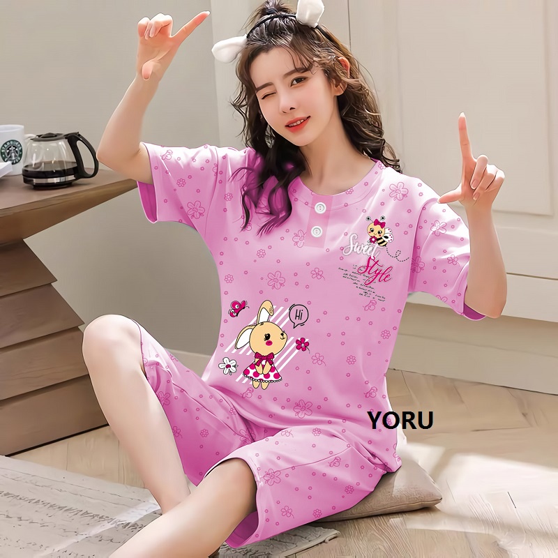 Pamelo.id Stelan C3/4 Baby Doll / Suplier Sleep Wear / Baju Tidur Wanita kaos Katun / Stelan Baju Tidur Murah Produk Terlaris Set HP-BunStyle Pink