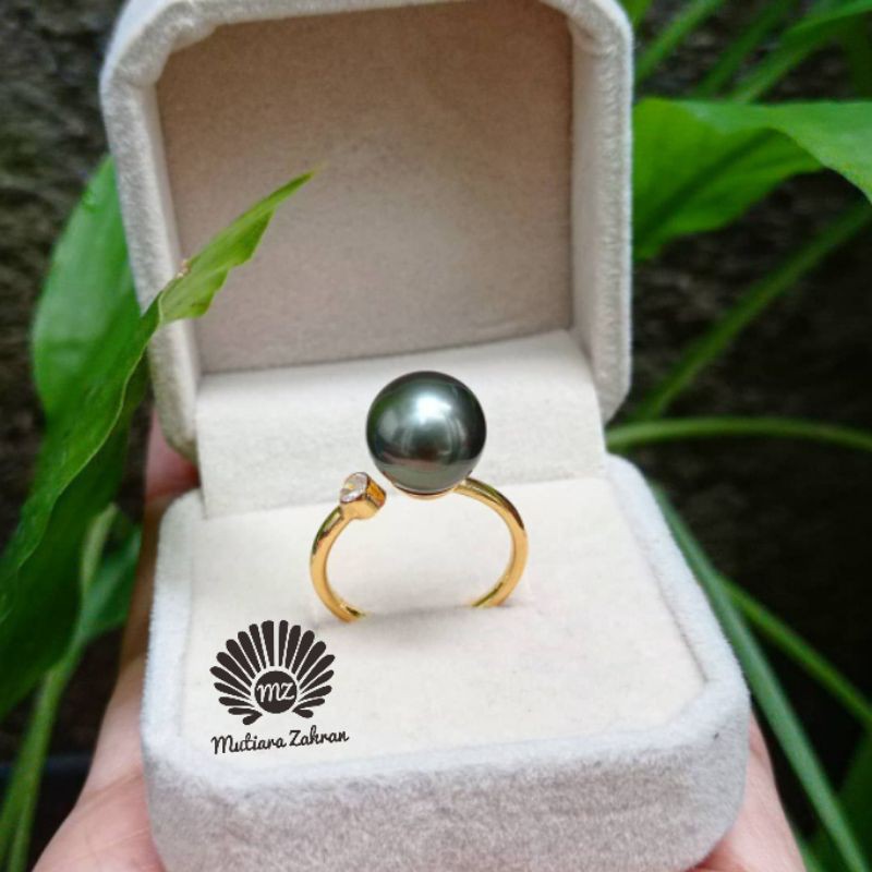 Cincin Wanita Freesize Mutiara Laut Hitam keabuan Grade A