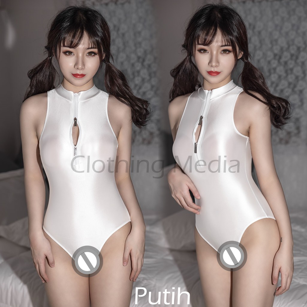 Baju Leotard Silky Premium Sukumizu Zipper Depan Bodysuit Mizugi Halus Glossy