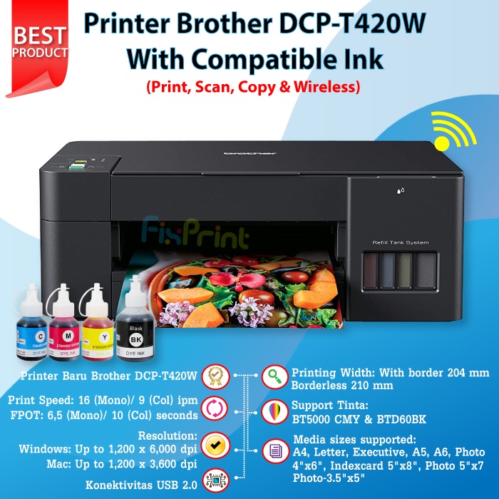 Printer Brother DCP-T420W InkTank BT D60Bk BT5000 WiFi Print-Scan-Copy