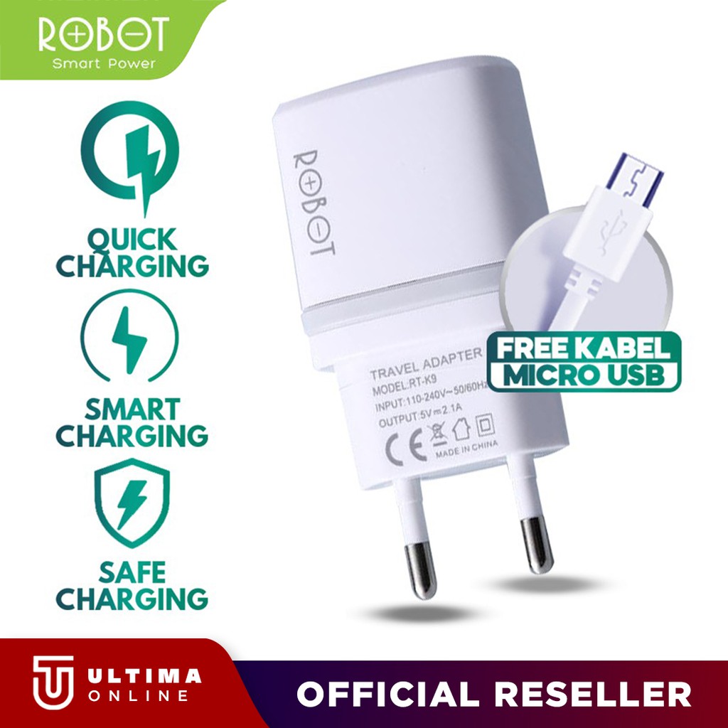 cas ROBOT RT-K9 Adaptor Charger 12W Dual Port 2.1A + Kabel Data Micro 1M garansi