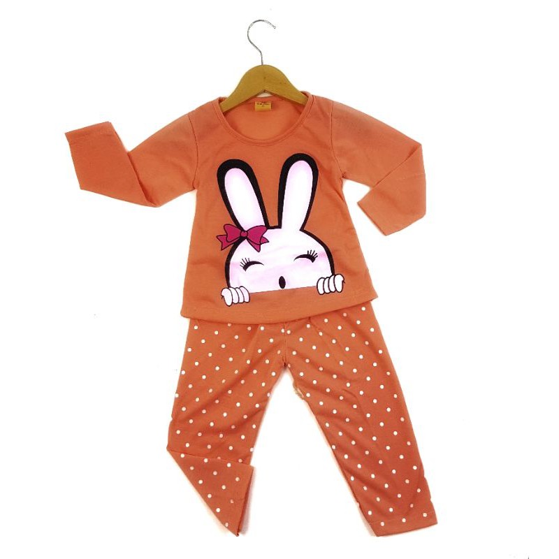 SETELAN SIKUNING PAKAIAN BAJU ANAK PEREMPUAN 2-7 TAHUN NOTIF RABBIT MEREM