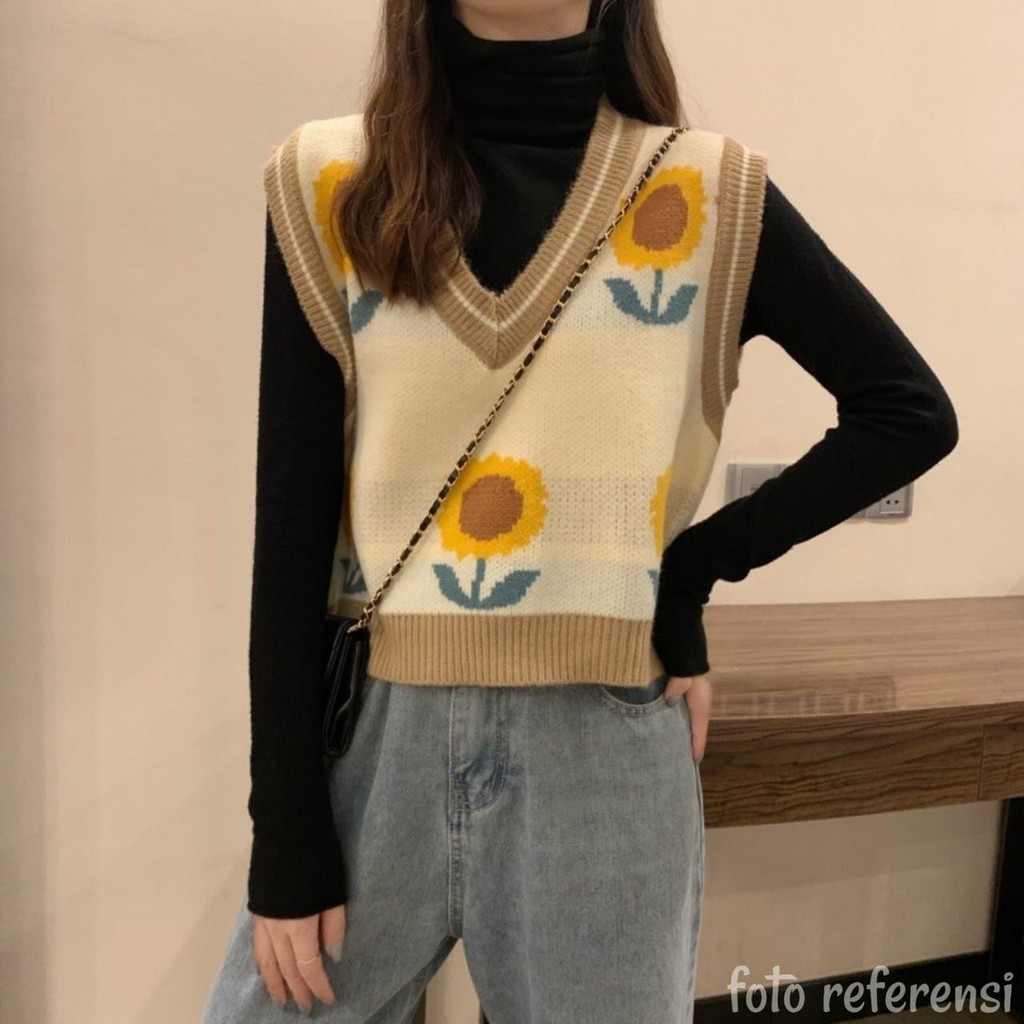 Rompi rajut motif bunga matahari gaya korea untuk wanita /sunflower vest