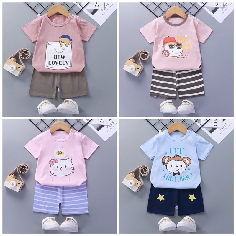 SETELAN BAJU SANTAI ANAK HOMEWEAR LENGAN PENDEK IMPOR COWOK CEWEK BISA COD JAKARTA / setelan Lengan 