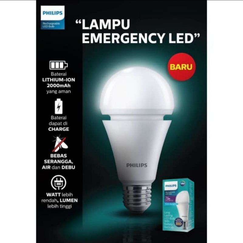 Lampu LED Philips Emergency Putih 7W 9W 7.5W 7.5 W 9 Watt 7Watt Rechargeable Putih anti aliran Original DARURAT E27