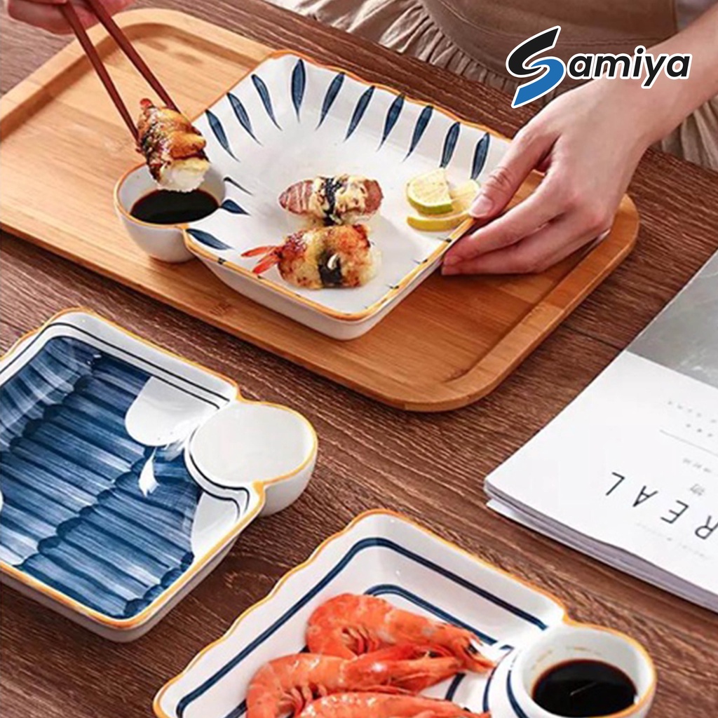 ceramic dumpling plate unik 2in1 / piring makan kecil tempat saus kecap snack dimsum siomay sushi