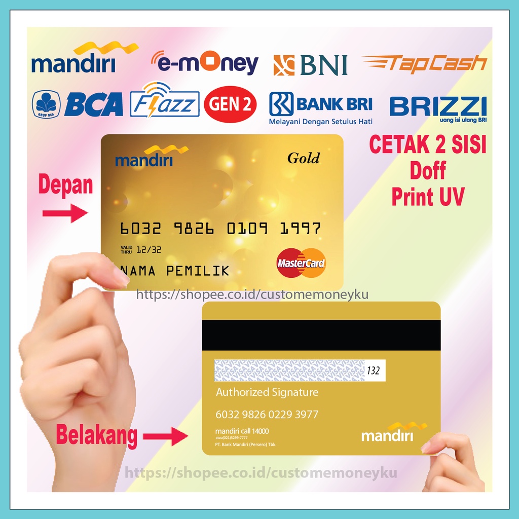 KARTU EMONEY DESIGN CUSTOM GOLD CARD ETOLL E-MONEY MANDIRI FLAZZ BCA GEN 2 TAPCASH BRIZZI 2 SISI