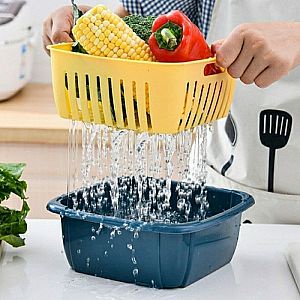 SARINGAN &amp; TEMPAT Buah 2 IN 1 Serbaguna  /  Portable Kitchen Hanging Drain Basket Double Layer / Baskon + Wadah Saring Sayur &amp; buah