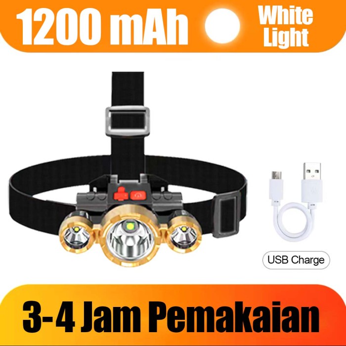 Senter LED lampu kepala senter camping 3 Lampu usb charge Super Terang / Senter Led Super Terang / Senter Led Kepala / Senter Led Kepala Super terang jarak jauh / Senter Kepala 5 LED Super Terang USB Rechangeable Waterproof Anti Air 45w 4Mode Cahaya Putih