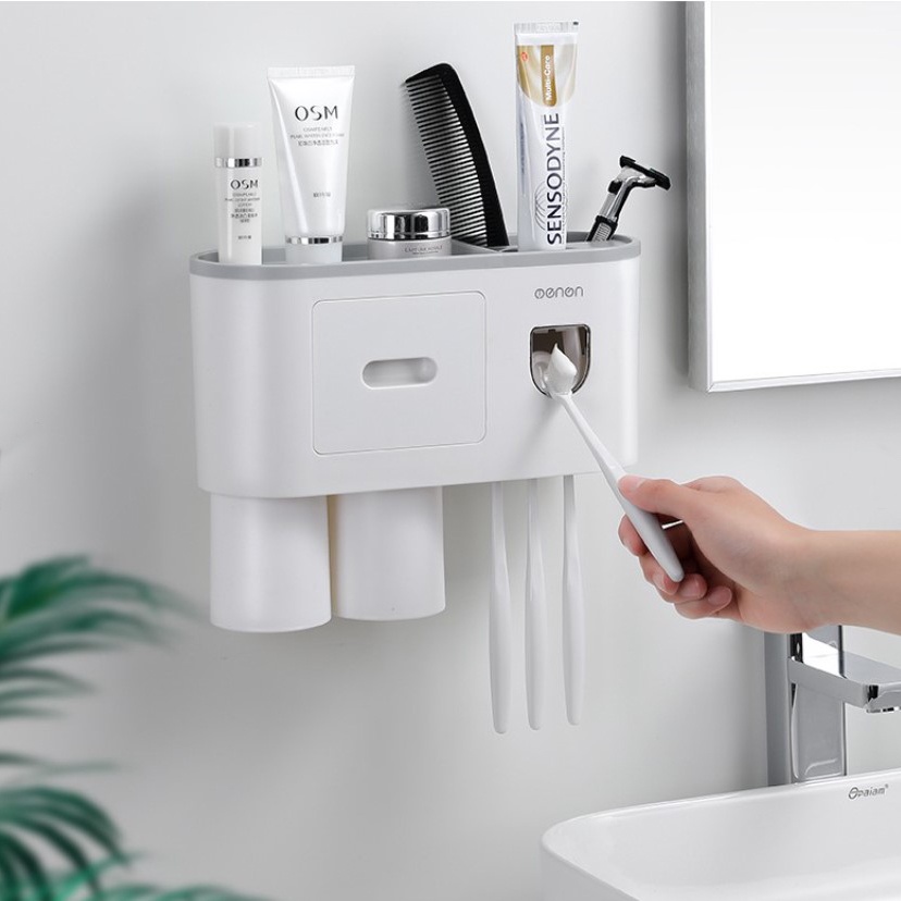 Dispenser Pasta Gigi Rak Gantung MOdern / Rak Gantung Kamar Mandi Organizer 3 Cup + Holder Smartphone