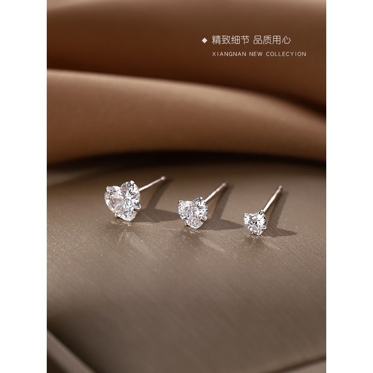 100% S999 Silver Earrings Berlian Hati Hypoallergenic kancing zirkon Anting Jarum Telinga Need Tongkat Dasar Sederhana Tindik Anting Helix  Harian Minimalis