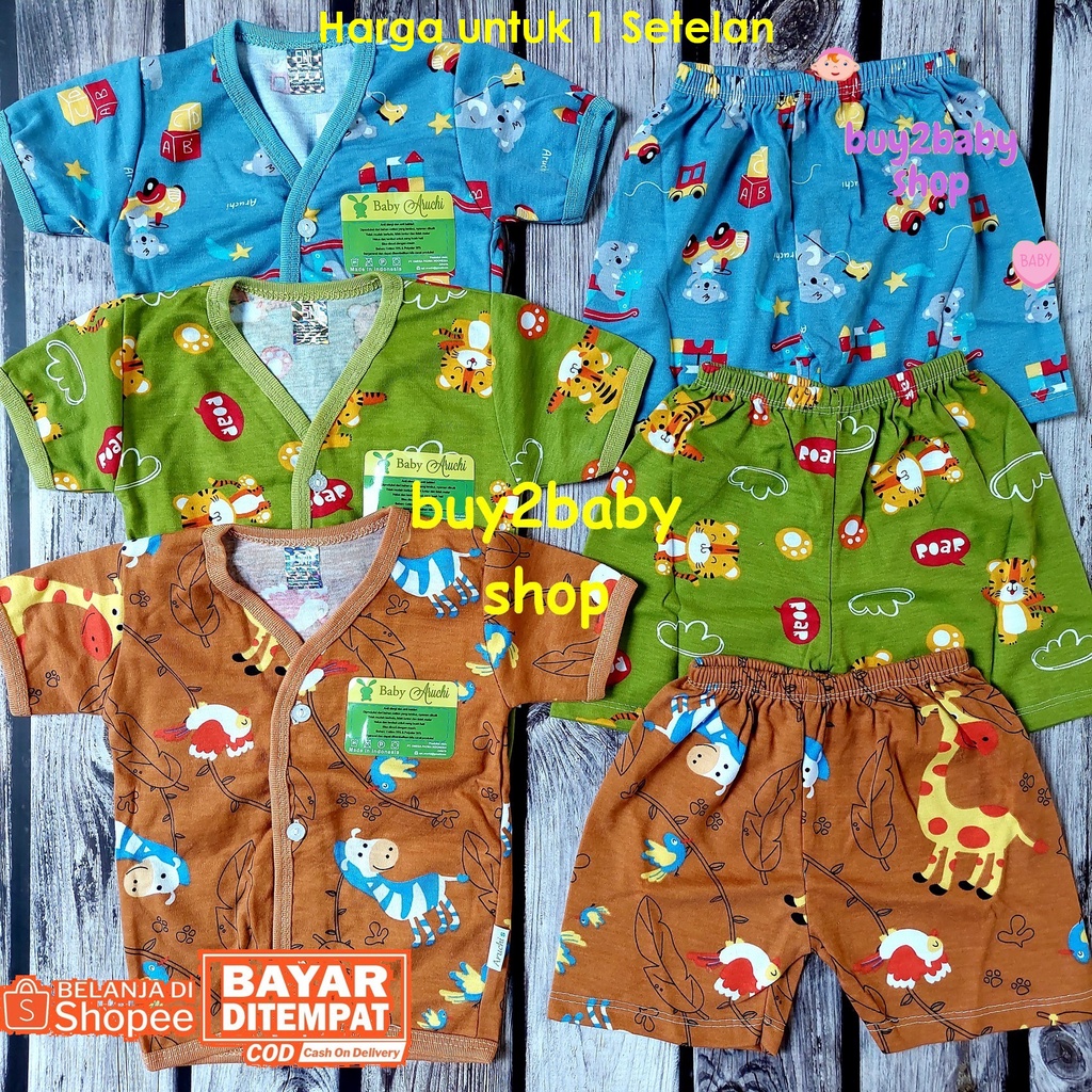 Setelan baju bayi celana pendek kancing depan Baby Aruchi 0-12 Bulan 1 Setelan