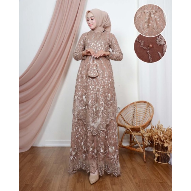 Permata Olshop / Gamis Tingkat Runcing Claudia2 NK / Kebaya Gamis Modern Tulle Terbaru / Gamis Pesta Mewah / Kebaya Gamis Seragam Nikah
