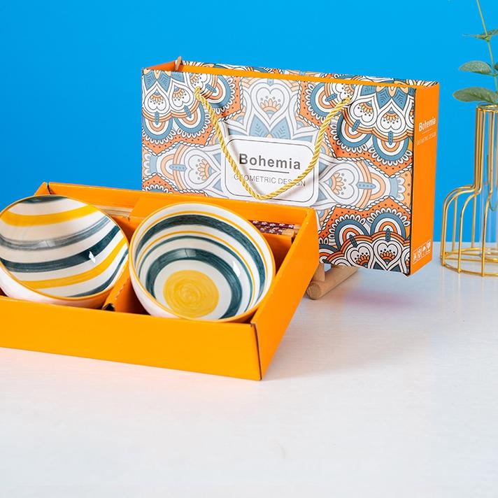 Penjualan Terbanyak.. 【Pengiriman Gratis】 Mangkok Keramik Set Souvenir Mangkok Set Motif Antik Bahan