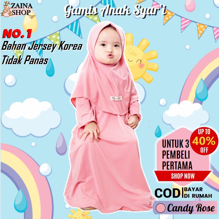 Gamis Anak Perempuan Syari Baju Anak Perempuan Fashion Gamis Set Muslim Daily size 6 Bulan - 4 Tahun warna Candy Rose