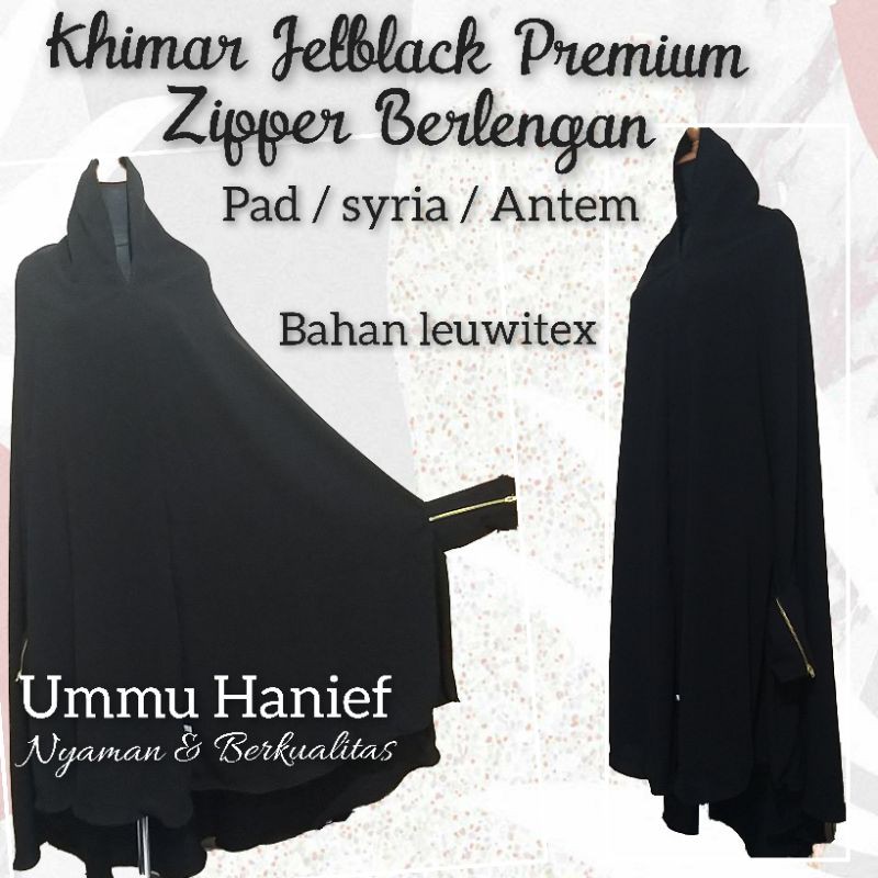 khimar Syar'i Jetblack  Zipper Berlengan bahan Jetblack leuwitex