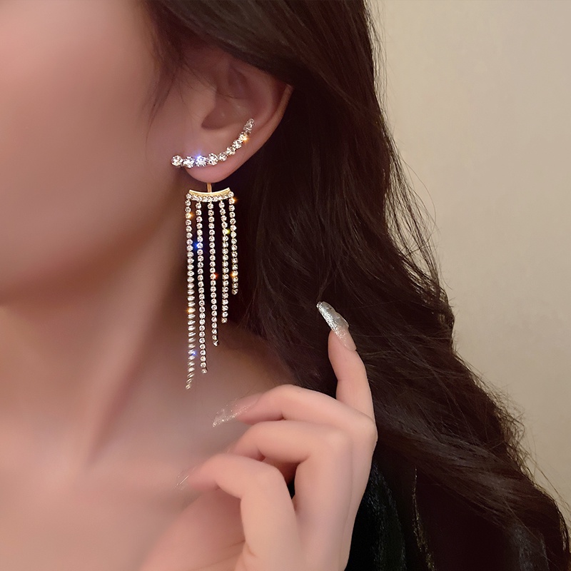 1 Pasang Anting Stud Tassel Panjang Aksen Berlian Imitasi Untuk Wanita