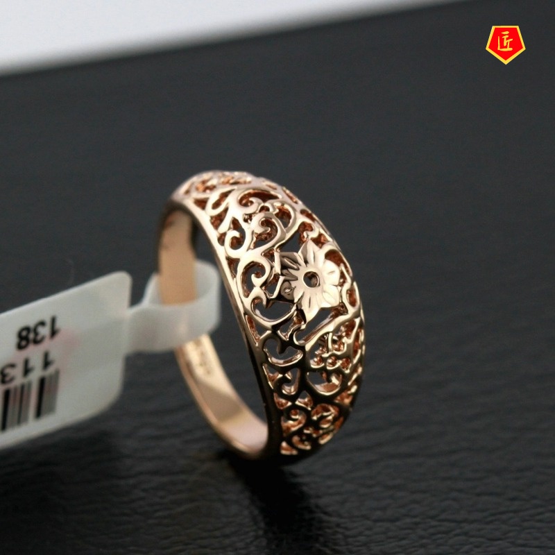 [Ready Stock]Vintage Upscale Hollow Pattern Rose Gold Ring