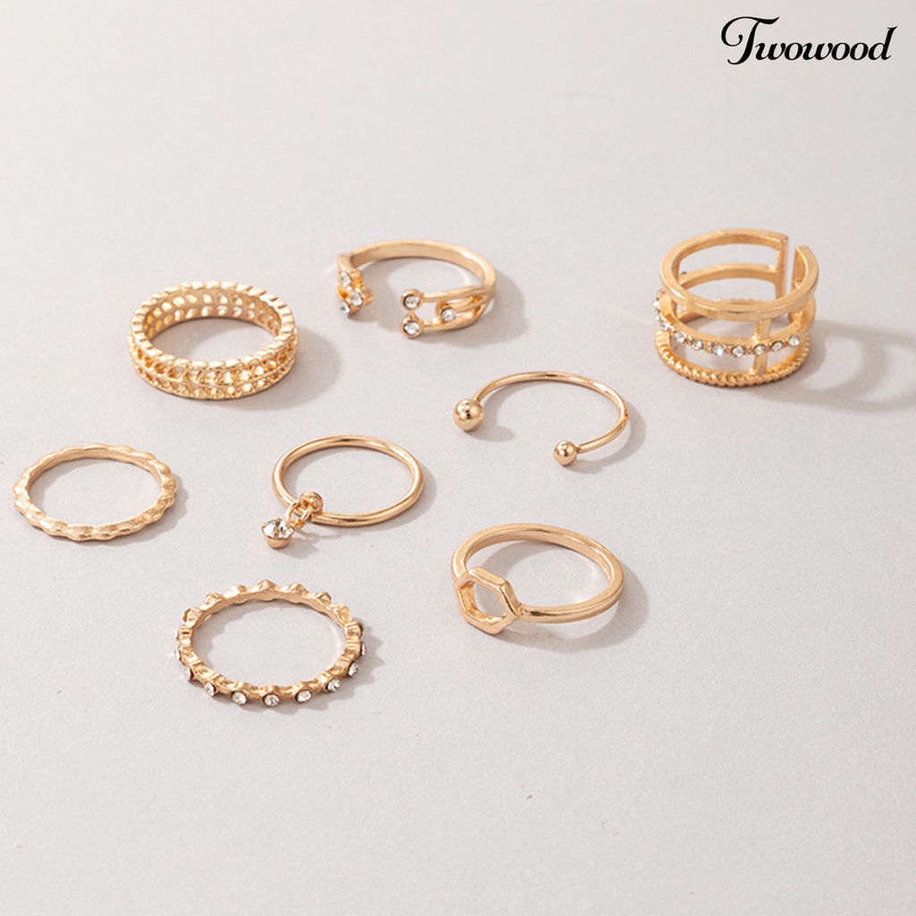 8pcs Cincin Berlian Imitasi Bentuk Heksagonal Geometris Untuk Wanita