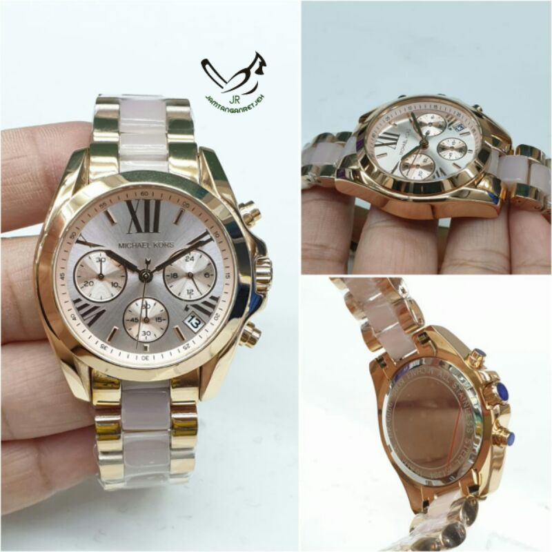 JAM TANGAN WANITA MICHAEL KORS BATRE CHRONO AKTIF RANTE STAINLESS COMBI KERAMIK