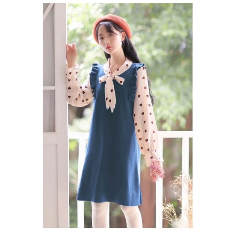 0477 Dress pendek polos lengan panjang polka rajut import wanita Baju terusan panjang tangan