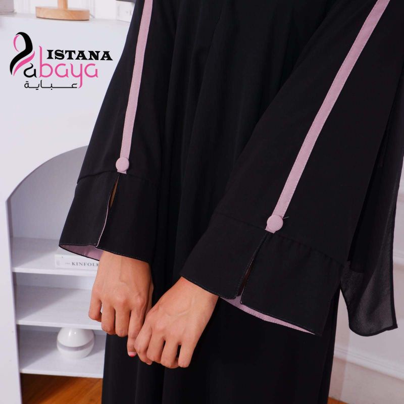 abaya dubai elegan List pink dg variasi kancing &amp; Tgn belahan sdikit minimalis Cantik