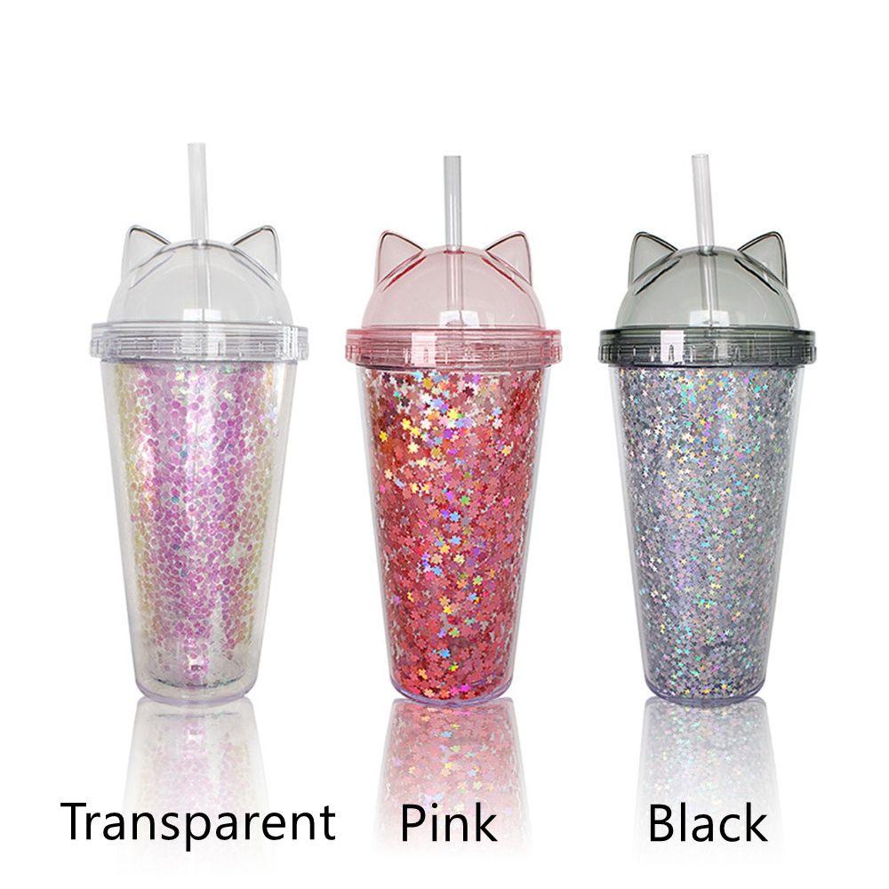 R-FLOWER 420ml Botol Air Double Wall Portable Glittery Dengan Sedotan Smoothie Cup