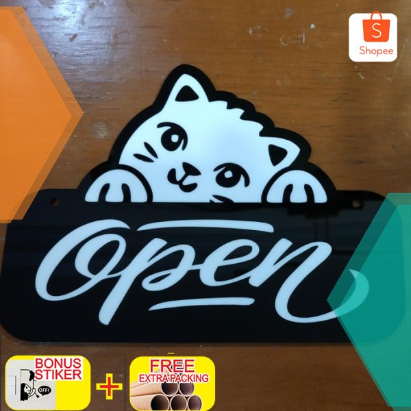 

Laser cutting acrylic sign/tanda " OPEN " CAT model gantung - Hitam 11.5cm x 14.5cm Keren